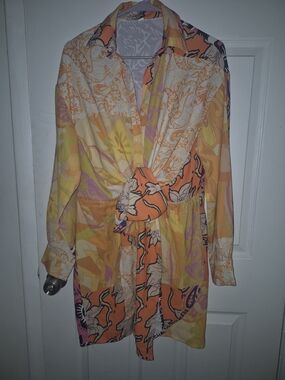 SHEIN Orange Multi Floral Tie-Front Tunic